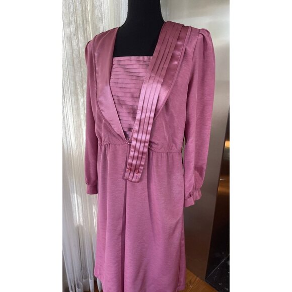 Vintage 80s gown, pink satin dress, long sleeves, modest officewear - Picture 6 of 9